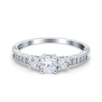 14K White Gold Round Three Stone Bridal Wedding Engagement Ring Simulated CZ
